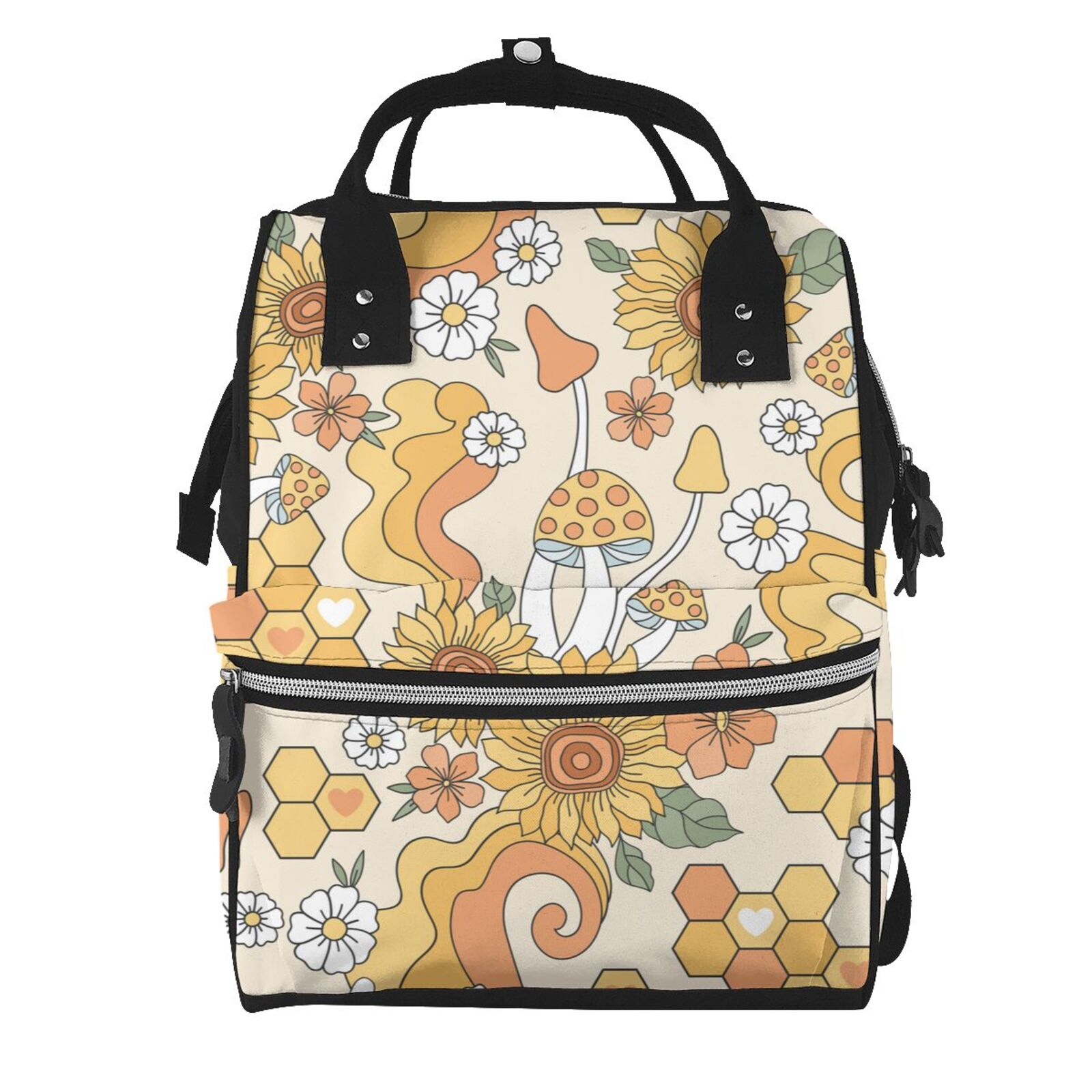 Xecao Groovy Hippie Flower Mushrooms print Large Capacity Nappy Bag is a multi-functional waterproof travel backpack, perfect as a nursing bag or mummy backpack for women