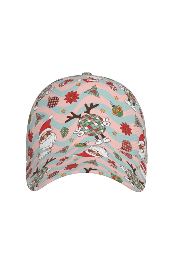 Groovy Retro Santa for Baseball Cap: Unisex, crafted from classic polyester twill fabric, featuring a soft unconstructed design