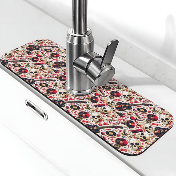 Xecao Guitar Skull rock for Kitchen Sink Splash Guard Faucet Mat , Faucet Guard & Draining mat, (15" X 5.5" )