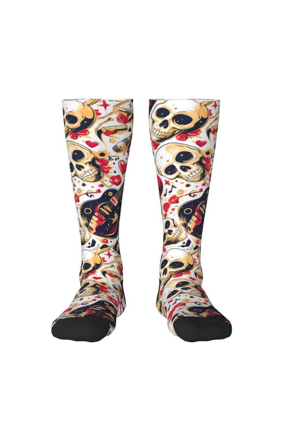 Guitar Skull rock print thigh-high socks, crafted for both men and women with a stretchy, high-opaque design perfect for daily wear