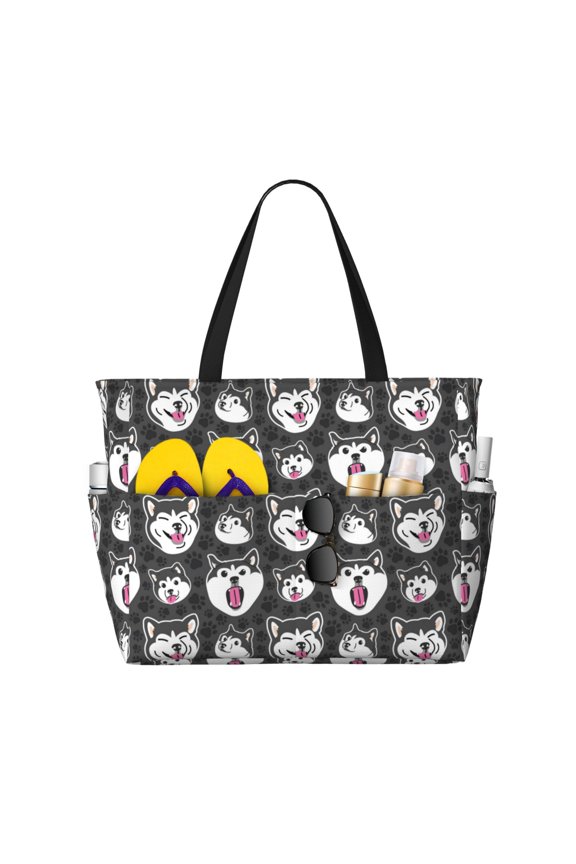 HUSKY Face for versatile beach bag for women includes zipper pockets and waterproof material, ideal for vacations and adventures.