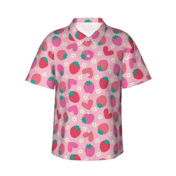 Xecao Haear Strawberry print Hawaiian shirt - a stylish short-sleeve button-down for men, perfect for casual beach and tropical outings.