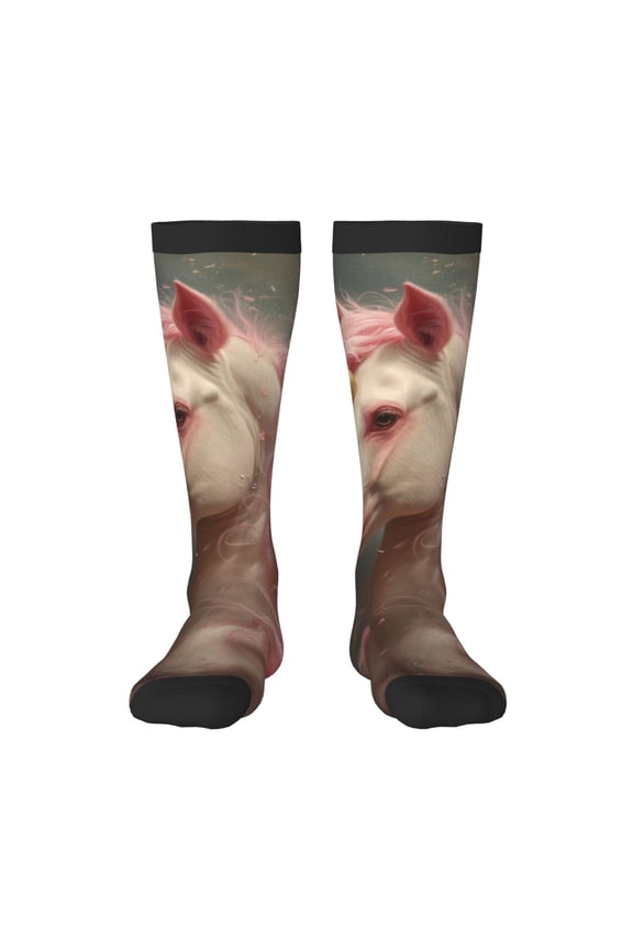 Haired White Horse print thigh-high socks, crafted for both men and women with a stretchy, high-opaque design perfect for daily wear