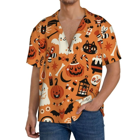 Xecao Halloween 2 Men's Casual Short-sleeved Shirt, a button-up collared shirt with a pocket-Medium