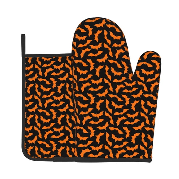 Xecao Halloween Bat Pattern Oven Mitts and Pot Holders Sets Heat Resistant Silicone Oven Mittens Extra Thicken Long Kitchen Cotton Oven Glove for Cooking