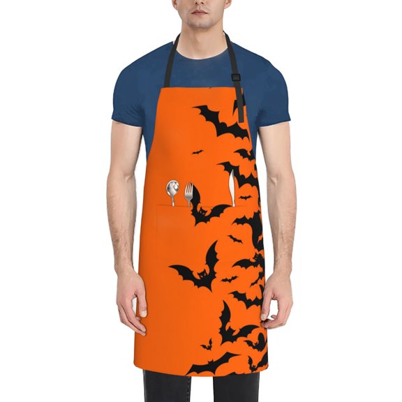 Xecao Halloween Bats Print Kitchen Cooking Aprons, Waterproof Adjustable Bib Aprons with 2 Pockets for Women Men Chef