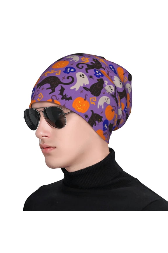 Halloween Black Cats Print Beanie Knitted Hat for Men Women, Winter Fashion Knit Cuffed Caps Unisex
