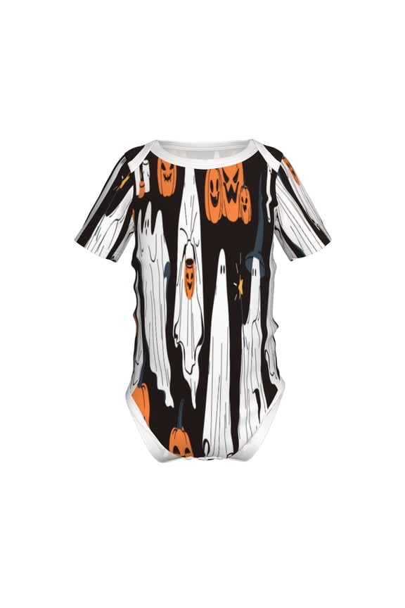 Halloween Ghosts And Pumpkins Pattern Baby Climbing Bodysuit Short Sleeve Onesie Unisex 0-12 Months Baby Shirt Newborn Outfits Crotch snap design-6 Months