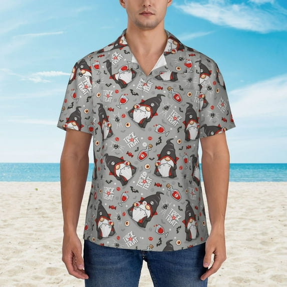 Xecao Halloween Gnome print Hawaiian shirt - a stylish short-sleeve button-down for men, perfect for casual beach and tropical outings.