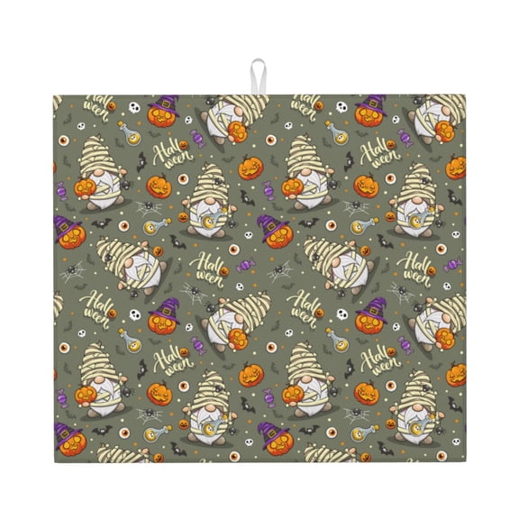 Xecao Halloween Mummy Gnome Print Dish Drying Mat for Kitchen Counter,Absorbent Coffee Bar Mat, Dish Drainer Rack Mats,Dining Room Decoration