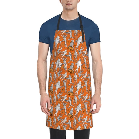 Xecao Halloween Mummy Print Kitchen Cooking Aprons, Waterproof Adjustable Bib Aprons with 2 Pockets for Women Men Chef