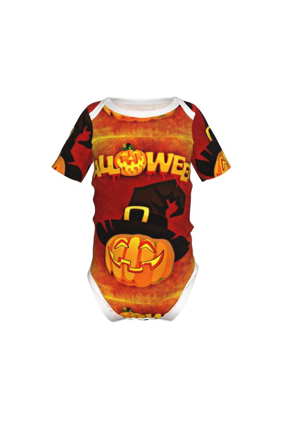 Halloween Pumpkin Pattern Baby Climbing Bodysuit Short Sleeve Onesie Unisex 0-12 Months Baby Shirt Newborn Outfits Crotch snap design-9M