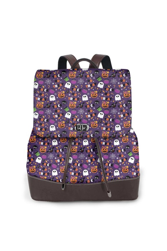 Halloween Sweet Candy Print Large Backpack Soft Leather for Women Travel with Compartment, Adjustable Convertible Strap