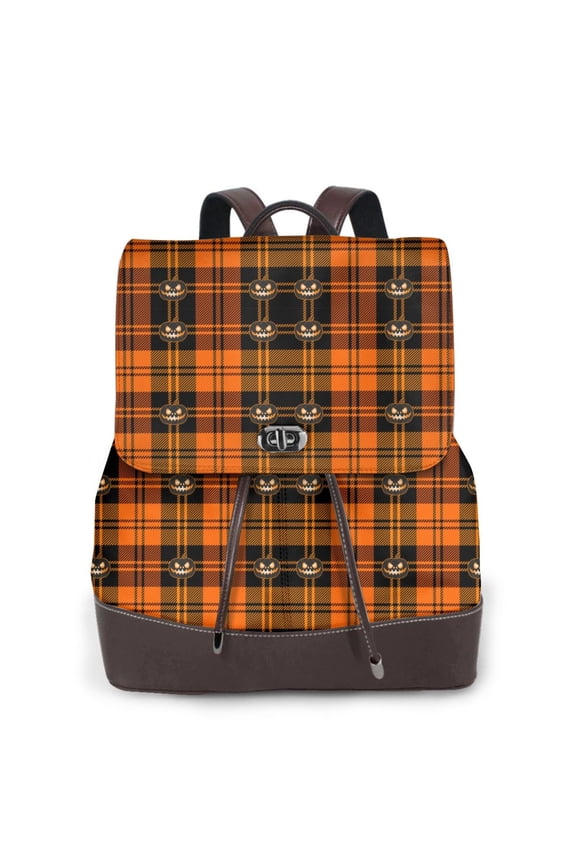 Halloween Tartan Plaid Print Large Backpack Soft Leather for Women Travel with Compartment, Adjustable Convertible Strap