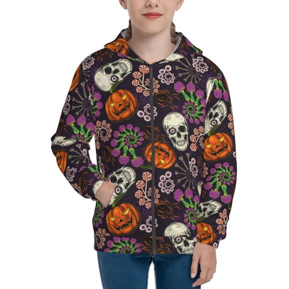Xecao Halloween With Skull Pattern Zip Up Hoodies for Boys Girls, Sweatshirt with Pockets-Medium