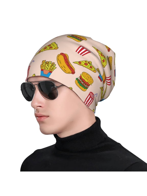 Hamburger Pizza Coke Print Beanie Knitted Hat for Men Women, Winter Fashion Knit Cuffed Caps Unisex