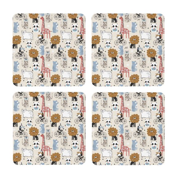 Xecao Hand Drawn Animals for MDF Cork Coaster 4 Pcs,Drink Coasters,Suit for House Warming Gifts New Home ,Coffee Table Decor-Square