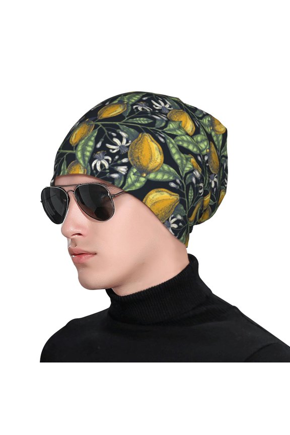 Hand Drawn Citrus Fruits Elegant Lemons Print Beanie Knitted Hat for Men Women, Winter Fashion Knit Cuffed Caps Unisex