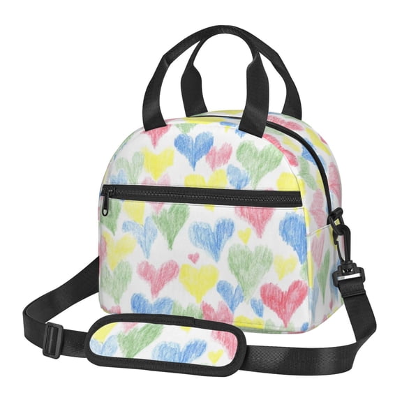 Xecao Hand Drawn Colored Hearts Print Insulated Lunch Box, Lunch Cags Lunch Bag Featuring An Adjustable Shoulder Strap