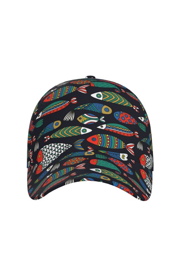 Hand Drawn Colorful Fishes for Baseball Cap: Unisex, crafted from classic polyester twill fabric, featuring a soft unconstructed design