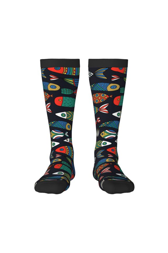 Hand Drawn Colorful Fishes print thigh-high socks, crafted for both men and women with a stretchy, high-opaque design perfect for daily wear