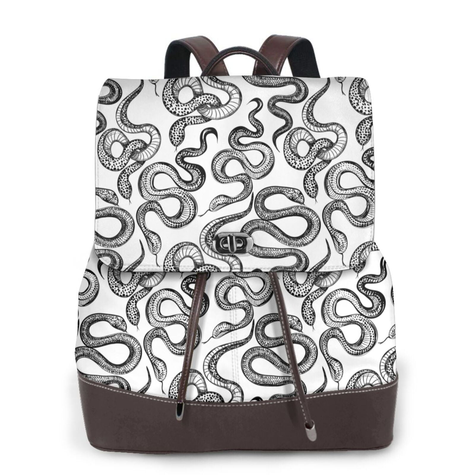 Xecao Hand Drawn Snake Print Large Backpack Soft Leather for Women ...