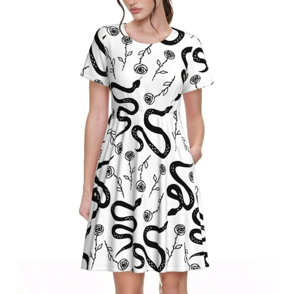 Xecao Hand Drawn Snake for Women Summer Short Sleeve Midi Dress with Pockets Casual Aline Flowy Tshirt Dress Vocation Beach Sundress