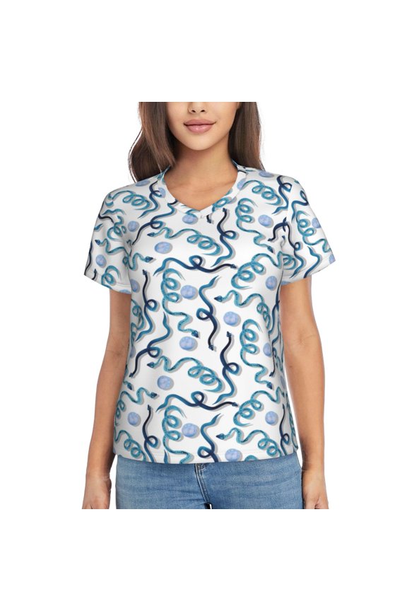 Hand Drawn Snake for Women's V-Neck T-Shirts-Elegant Half-Sleeve Tops Perfect for Summer-Large