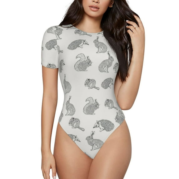 The Xecao Hand Drawn Squirrel Women's Crew Neck Body Suit, a short-sleeved bodysuit and basic swimsuit, both comfort and style for dating and daily life