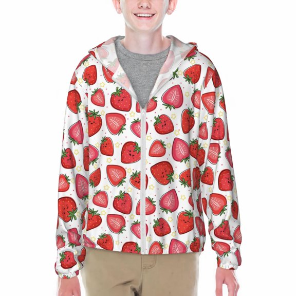 Xecao Hand Drawn Strawberry Print Fishing Shirts for teenager Long Sleeve UV Sun Protection Hoodie with Zipper Outdoor Hiking Shirts-X-Large