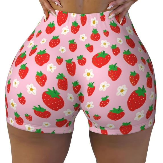 Xecao Hand Drawn Strawberry Print Workout Shorts for Women Soft Smooth Gym Yoga Scrunch Active Tennis Workout Running Shorts