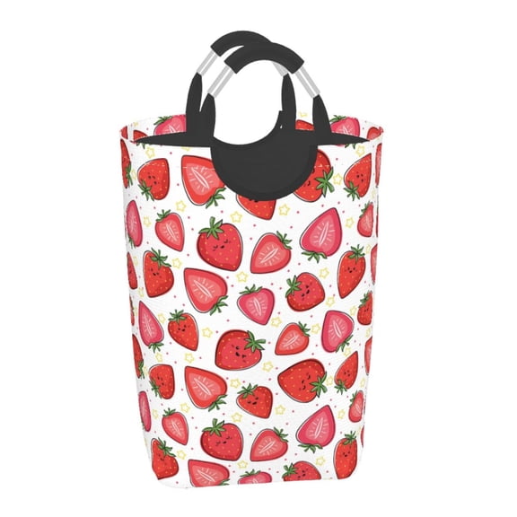 Xecao Hand Drawn Strawberry for Laundry Basket,Collapsible Large Laundry Hamper,Wash Bag for Laundry Room, Rolling Laundry Basket with Handles