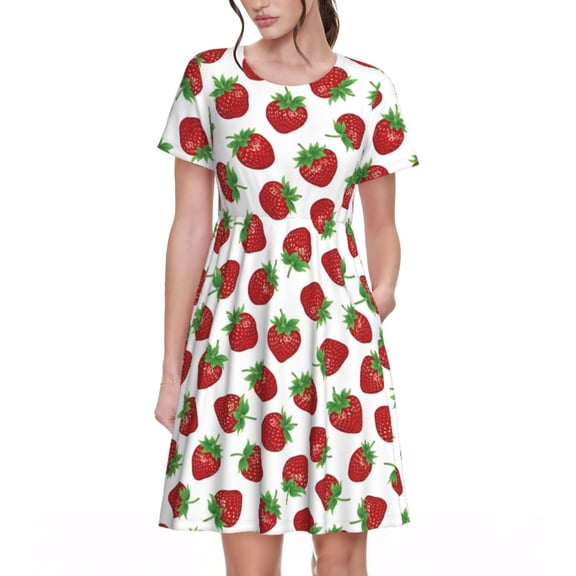 Xecao Hand Drawn Strawberry for Women Summer Short Sleeve Midi Dress with Pockets Casual Aline Flowy Tshirt Dress Vocation Beach Sundress