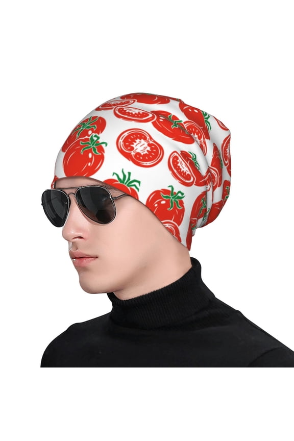 Hand Drawn Tomatoes Print Beanie Knitted Hat for Men Women, Winter Fashion Knit Cuffed Caps Unisex
