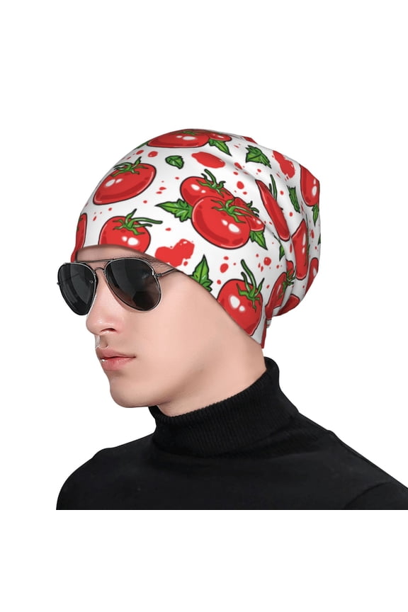Hand Drawn Tomatoes Print Beanie Knitted Hat for Men Women, Winter Fashion Knit Cuffed Caps Unisex