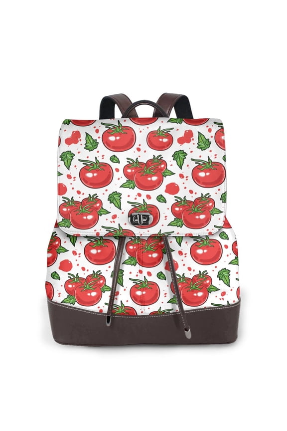 Hand Drawn Tomatoes Print Large Backpack Soft Leather for Women Travel with Compartment, Adjustable Convertible Strap