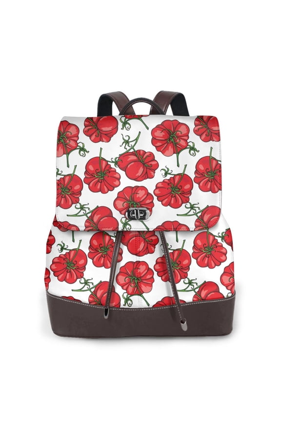 Hand Drawn Tomatoes Print Large Backpack Soft Leather for Women Travel with Compartment, Adjustable Convertible Strap