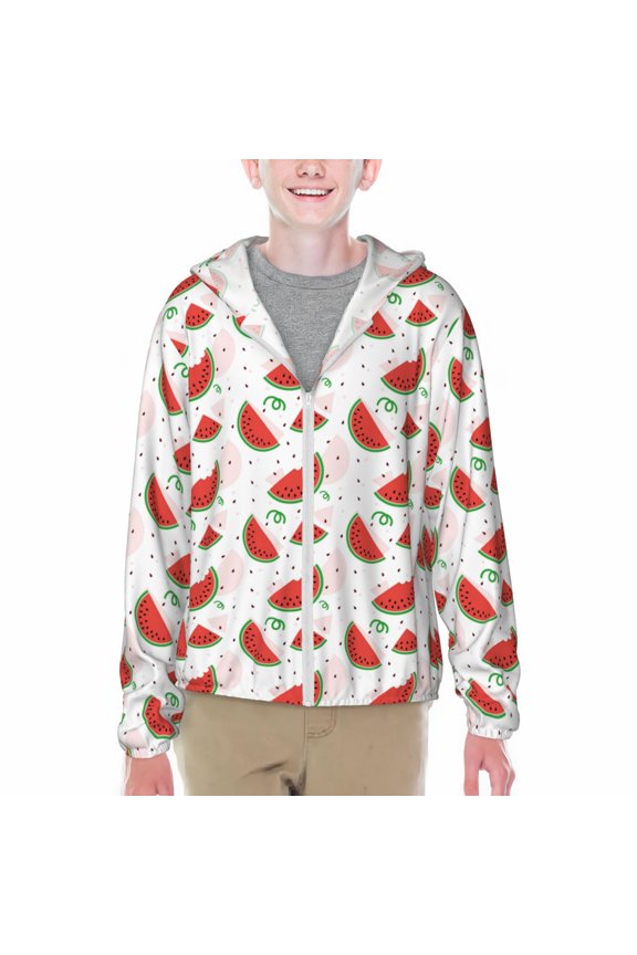 Hand Drawn Watermelon Print Fishing Shirts for teenager Long Sleeve UV Sun Protection Hoodie with Zipper Outdoor Hiking Shirts-X-Large