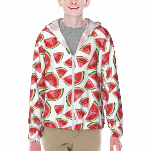 Xecao Hand Drawn Watermelon Print Fishing Shirts for teenager Long Sleeve UV Sun Protection Hoodie with Zipper Outdoor Hiking Shirts-XX-Large