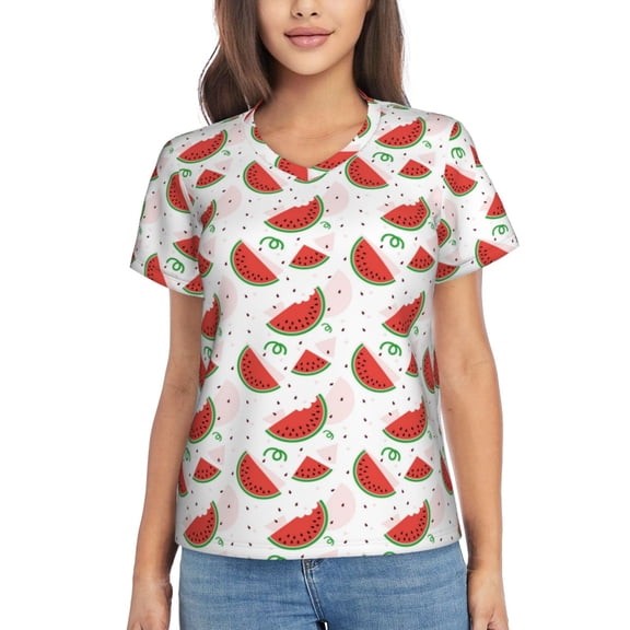Xecao Hand Drawn Watermelon for Women's V-Neck T-Shirts-Elegant Half-Sleeve Tops Perfect for Summer-3X-Large