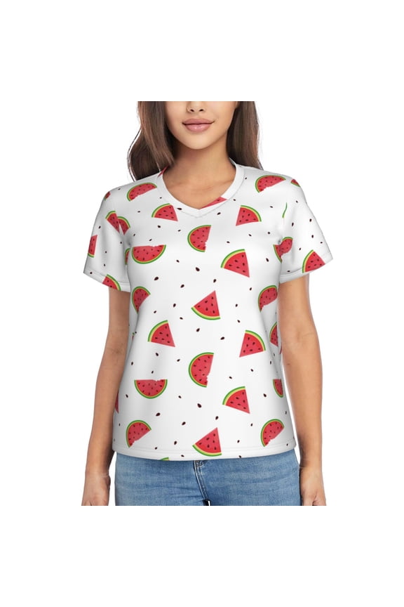 Hand Drawn Watermelon for Women's V-Neck T-Shirts-Elegant Half-Sleeve Tops Perfect for Summer-Large