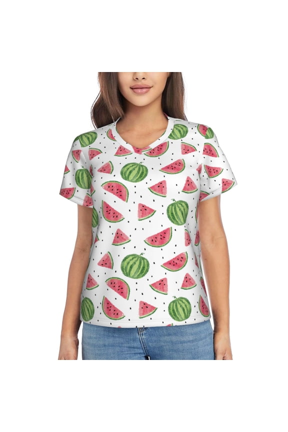 Hand Drawn Watermelon for Women's V-Neck T-Shirts-Elegant Half-Sleeve Tops Perfect for Summer-Medium