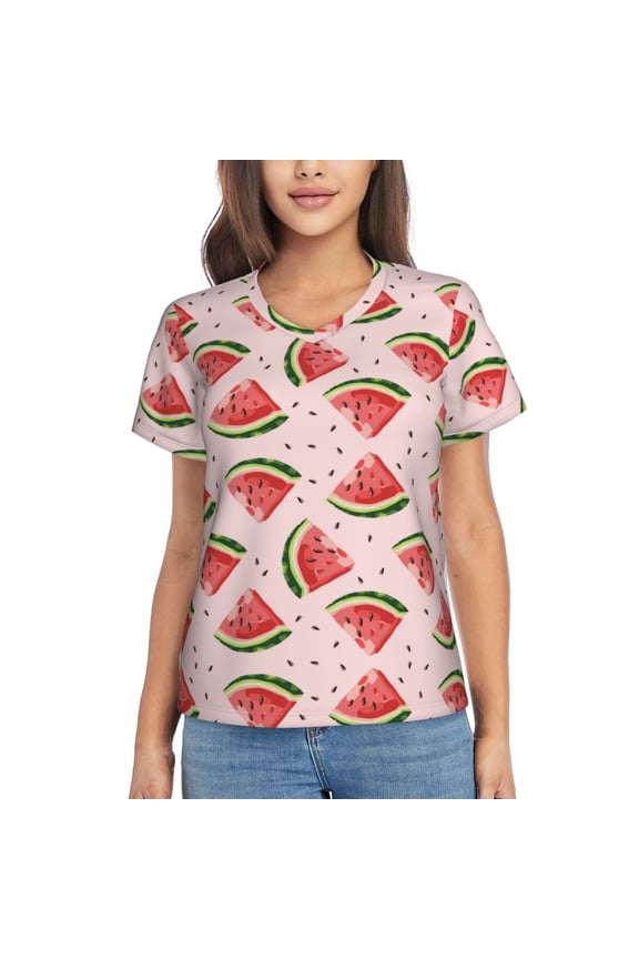 Hand Drawn Watermelon for Women's V-Neck T-Shirts-Elegant Half-Sleeve Tops Perfect for Summer-XX-Large