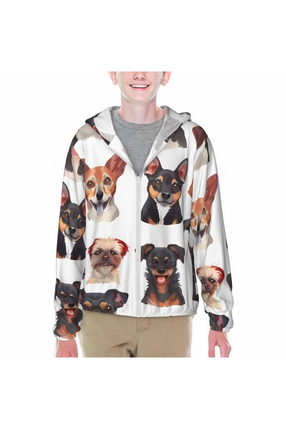 Happy Dog Faces Collage Print Fishing Shirts for teenager Long Sleeve UV Sun Protection Hoodie with Zipper Outdoor Hiking Shirts-Large