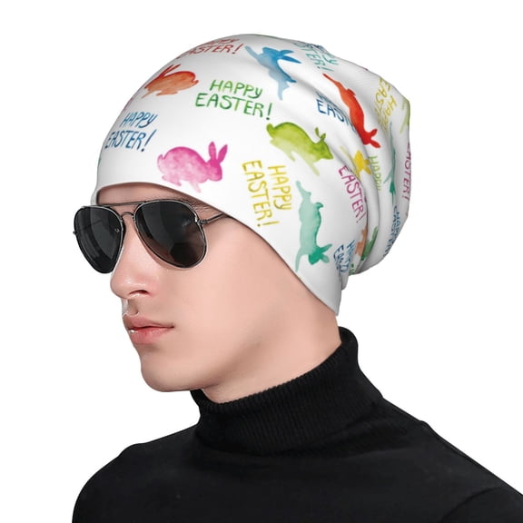 Xecao Happy Easter Rabbit Print Beanie Knitted Hat for Men Women, Winter Fashion Knit Cuffed Caps Unisex