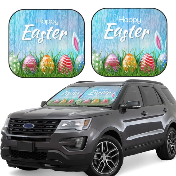 Xecao Happy Easter for Foldable Car Sun Shades (2-Pack) offer sun protection with an easy-fold design for convenient windshield shading.