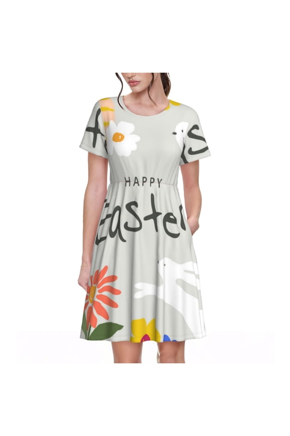 Happy Easter for Women Summer Short Sleeve Midi Dress with Pockets Casual Aline Flowy Tshirt Dress Vocation Beach Sundress