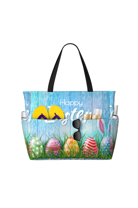 Happy Easter for versatile beach bag for women includes zipper pockets and waterproof material, ideal for vacations and adventures.