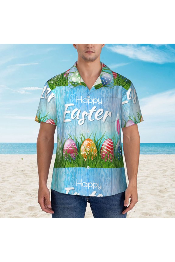 Happy Easter print Hawaiian shirt - a stylish short-sleeve button-down for men, perfect for casual beach and tropical outings.