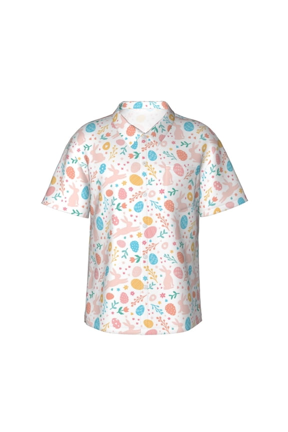 Happy Easter print Hawaiian shirt - a stylish short-sleeve button-down for men, perfect for casual beach and tropical outings.